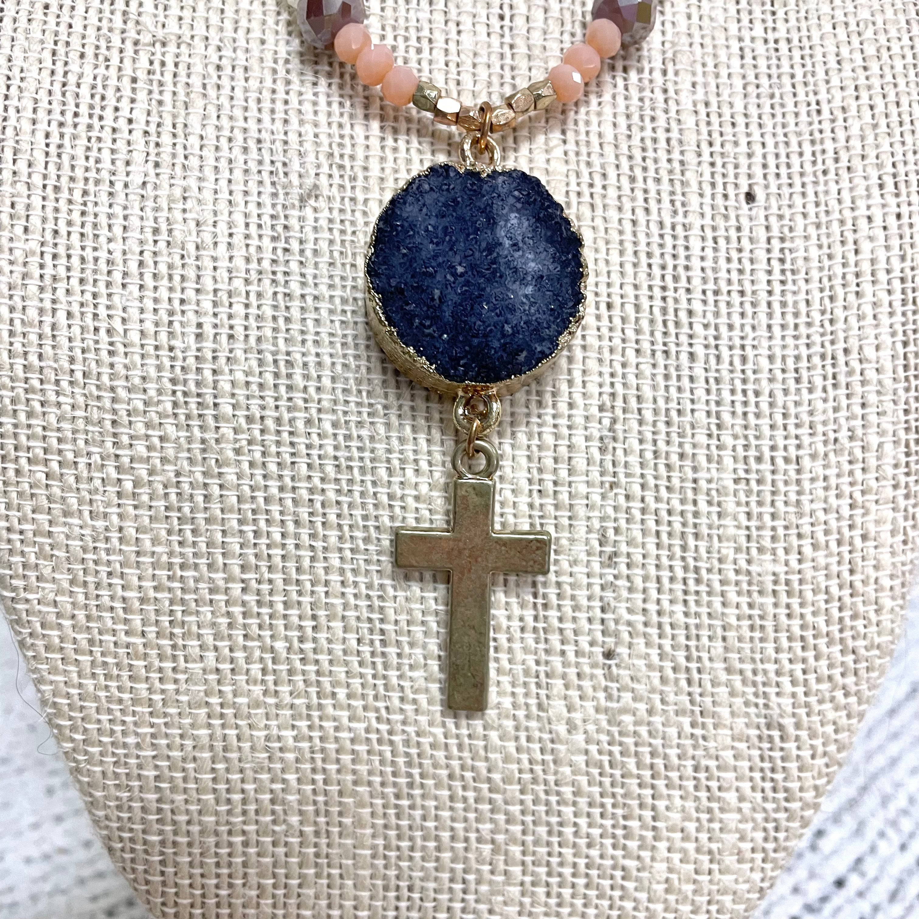 Beaded Stone Cross Pendant Necklace