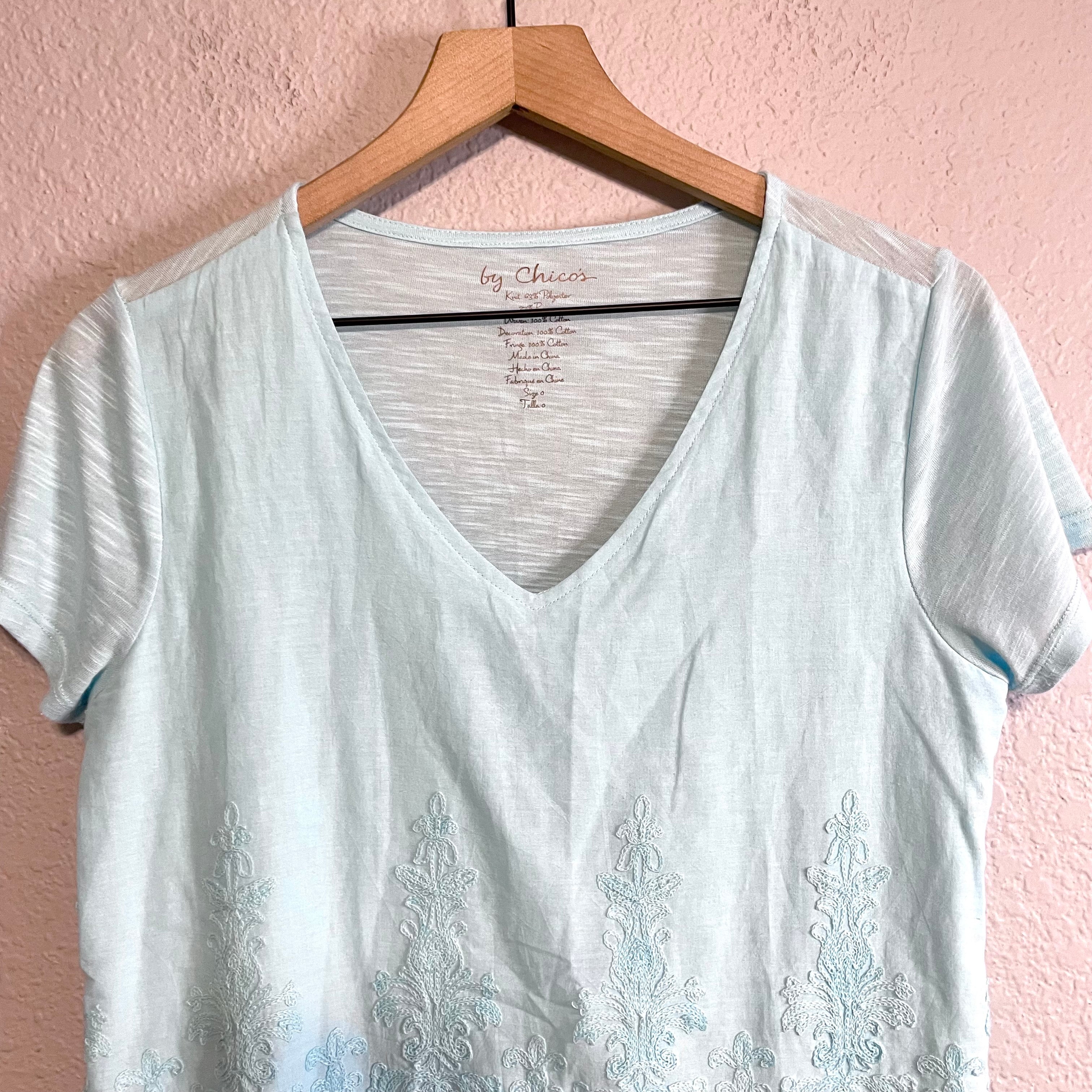 Embroidered Tassel Trim V-Neck Tee