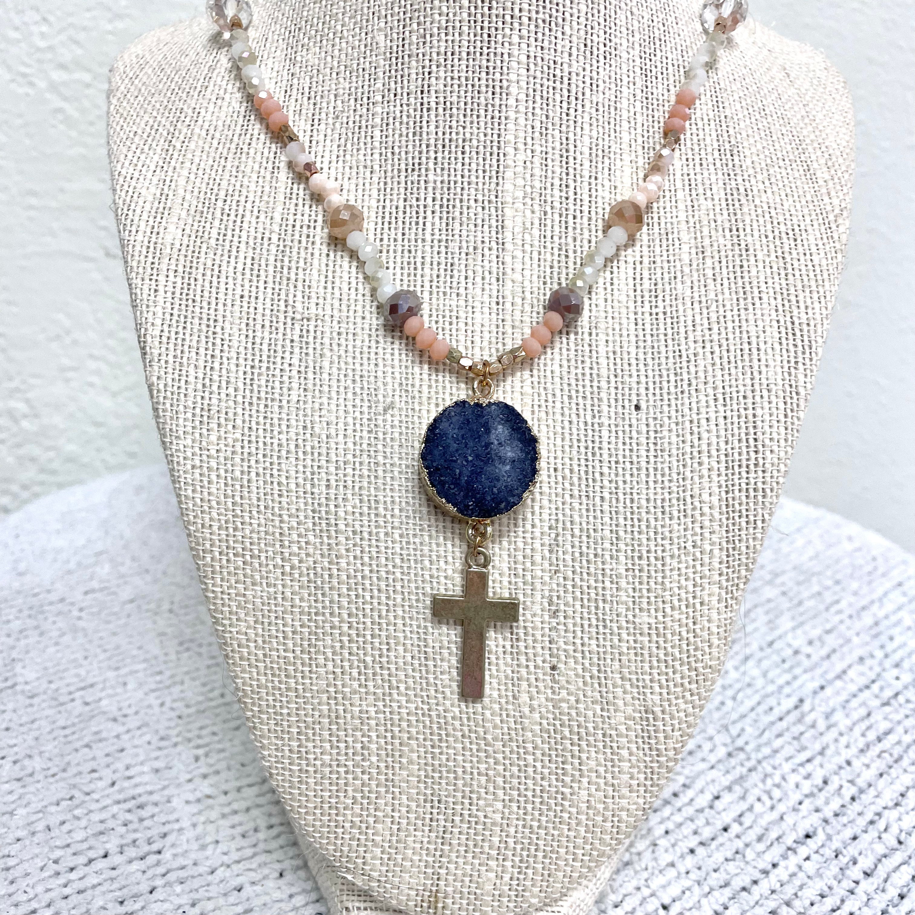 Beaded Stone Cross Pendant Necklace