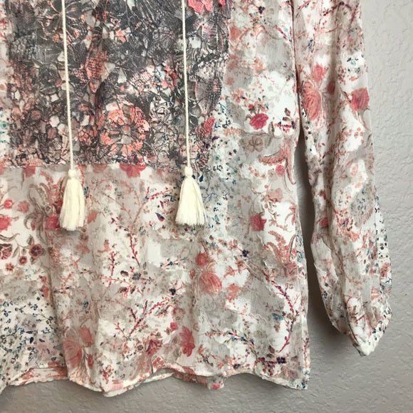 Floral Lace Bib Tassel Blouse