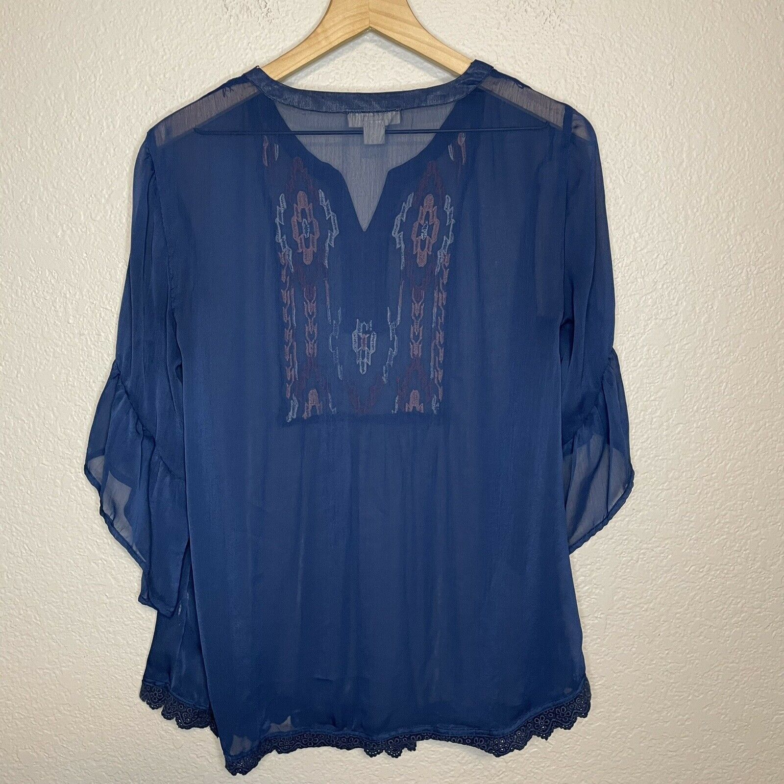 Embroidered Sheer Bell Sleeve Top