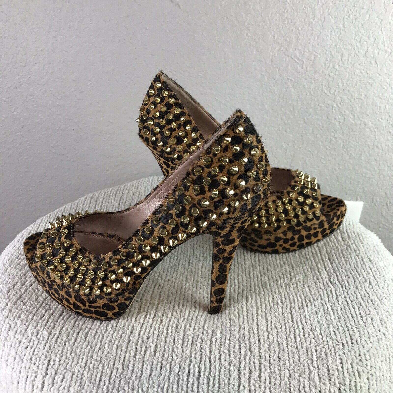 Leopard Print Calf Hair Studded Heels