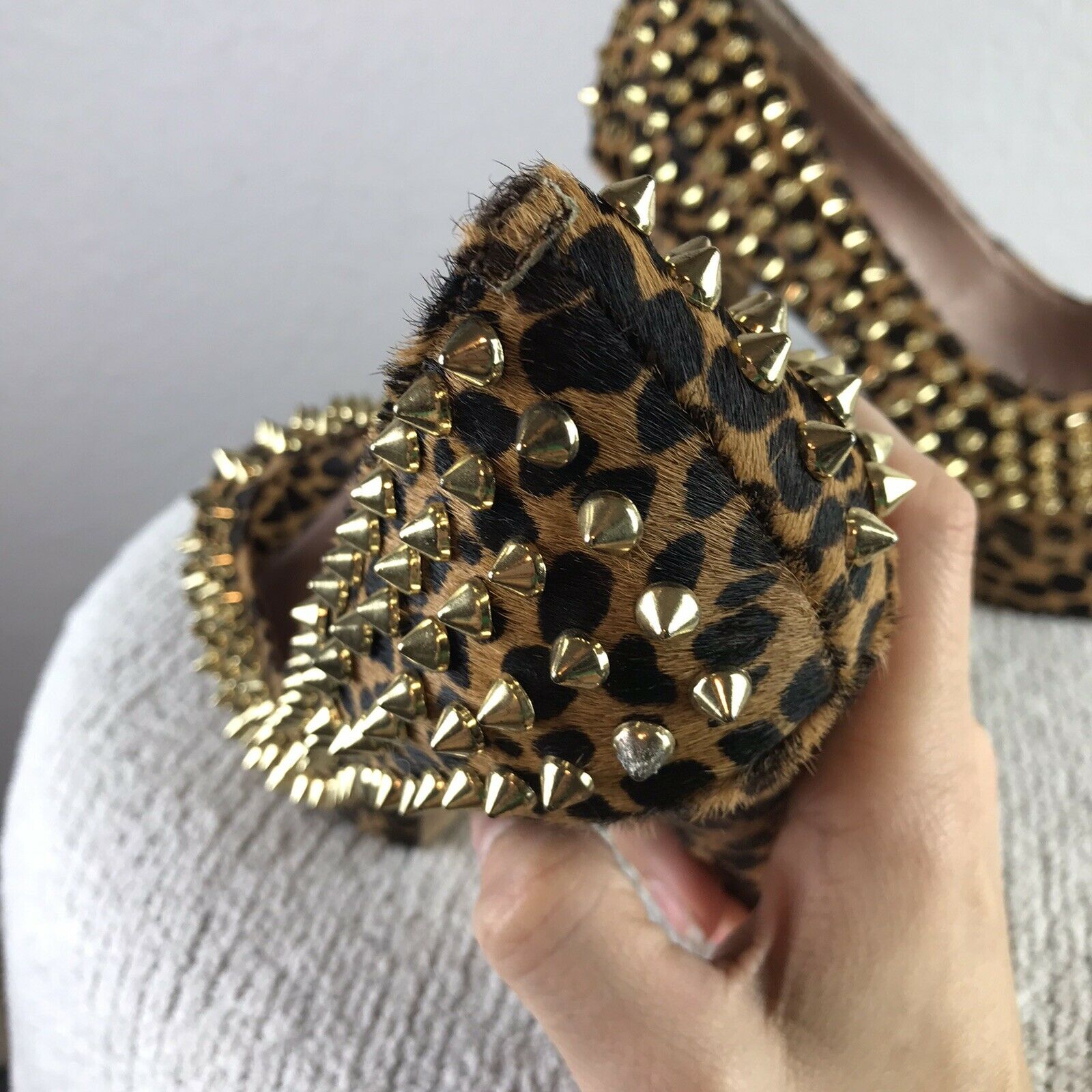 Leopard Print Calf Hair Studded Heels