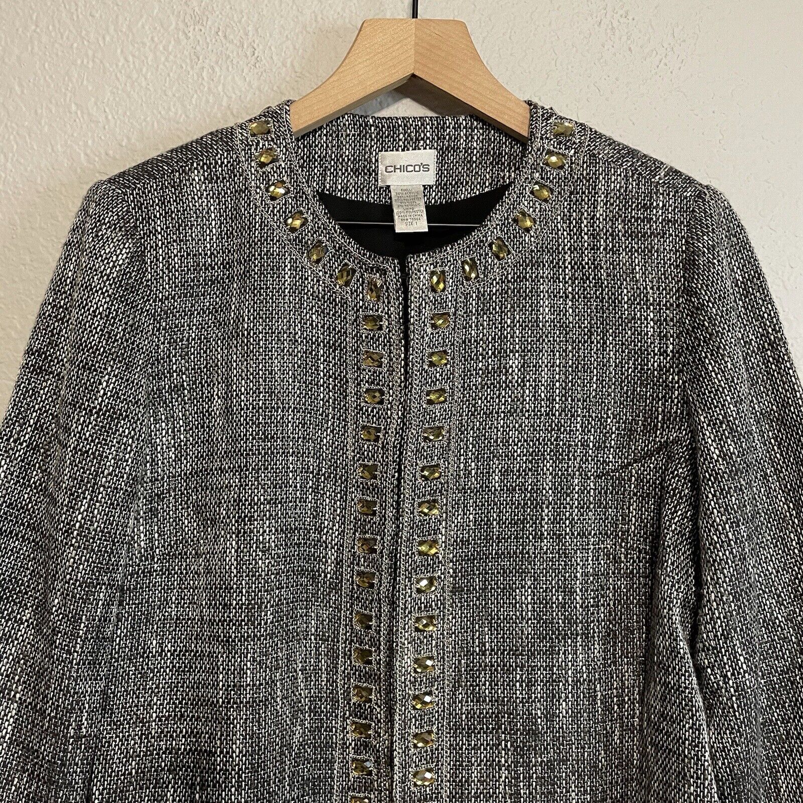 Jeweled Neckline Tweed Blazer Jacket