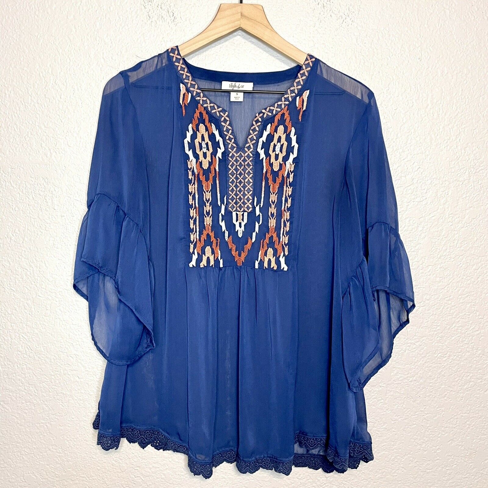 Embroidered Sheer Bell Sleeve Top