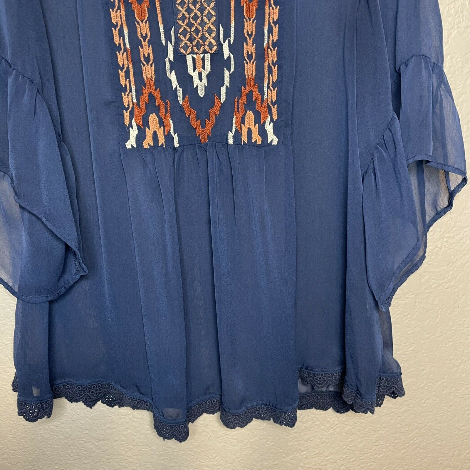 Embroidered Sheer Bell Sleeve Top