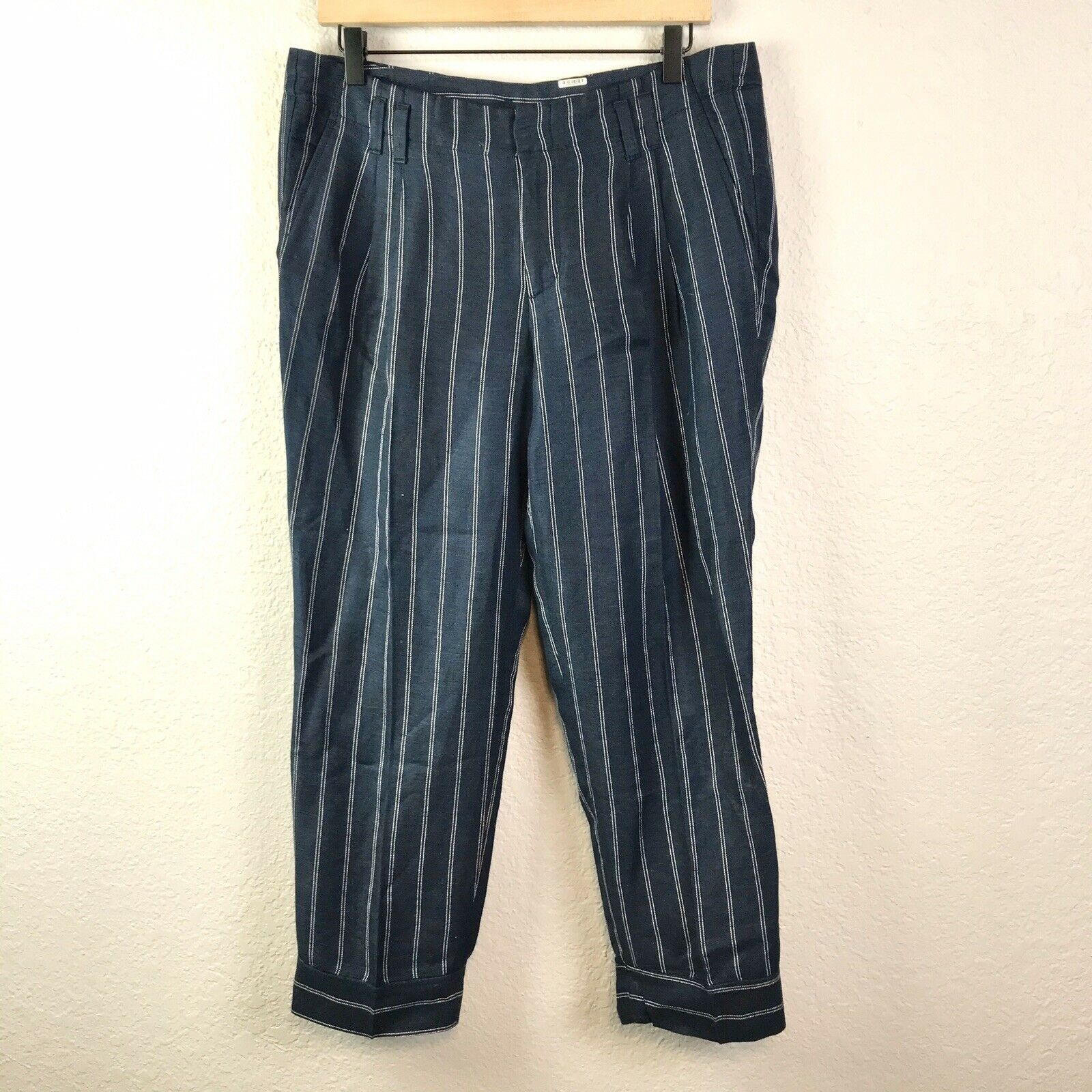 Striped Linen Blend Cropped Pants